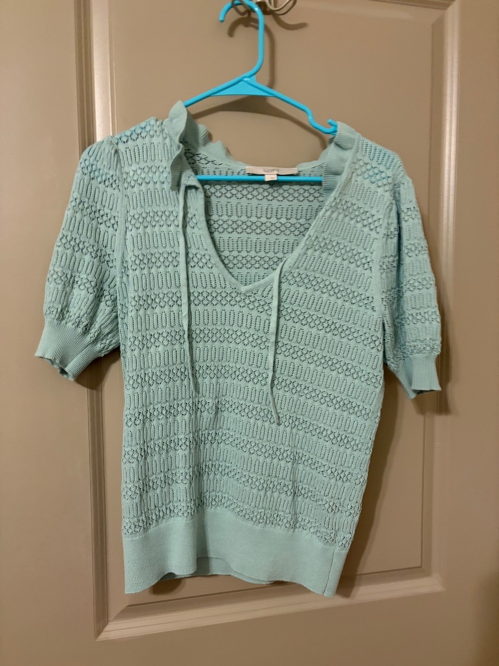 LOFT Mint Green Open-Knit Short Sleeve Sweater
